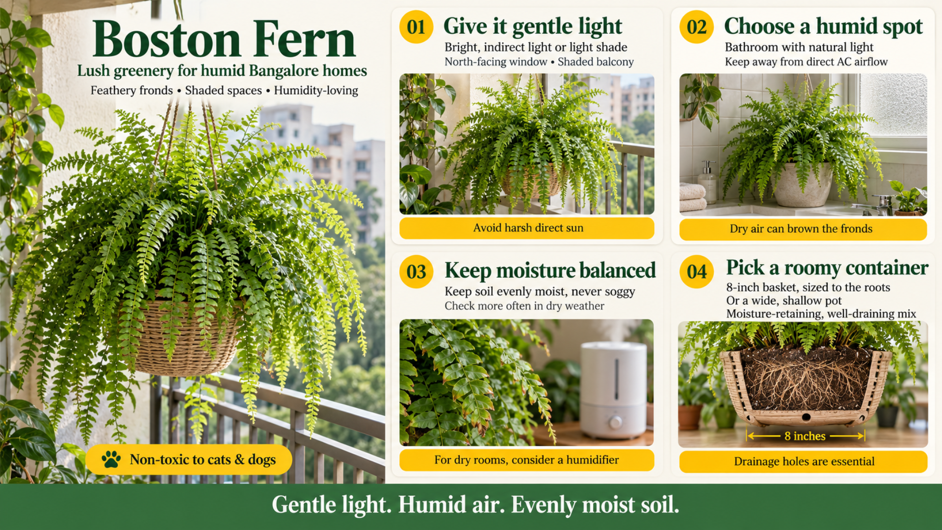 Boston Fern is placed in a hanging basket 